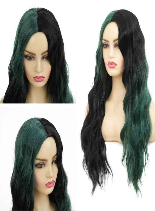 Swiking Green and Black Long Wigs for Women Curly Wave Natural Ombre Green Synthetic Fibre Soft Hair Wigs for Party Cosplay Halloween - Image 2